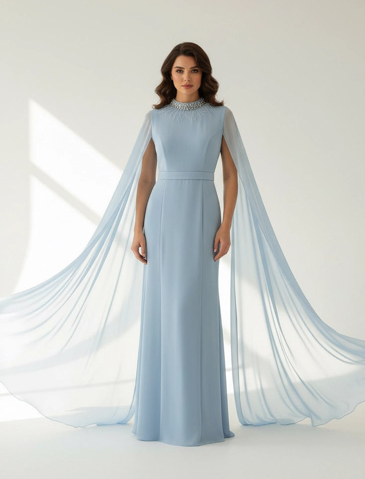 Feather Neck Flute Sleeve Crepe Dress