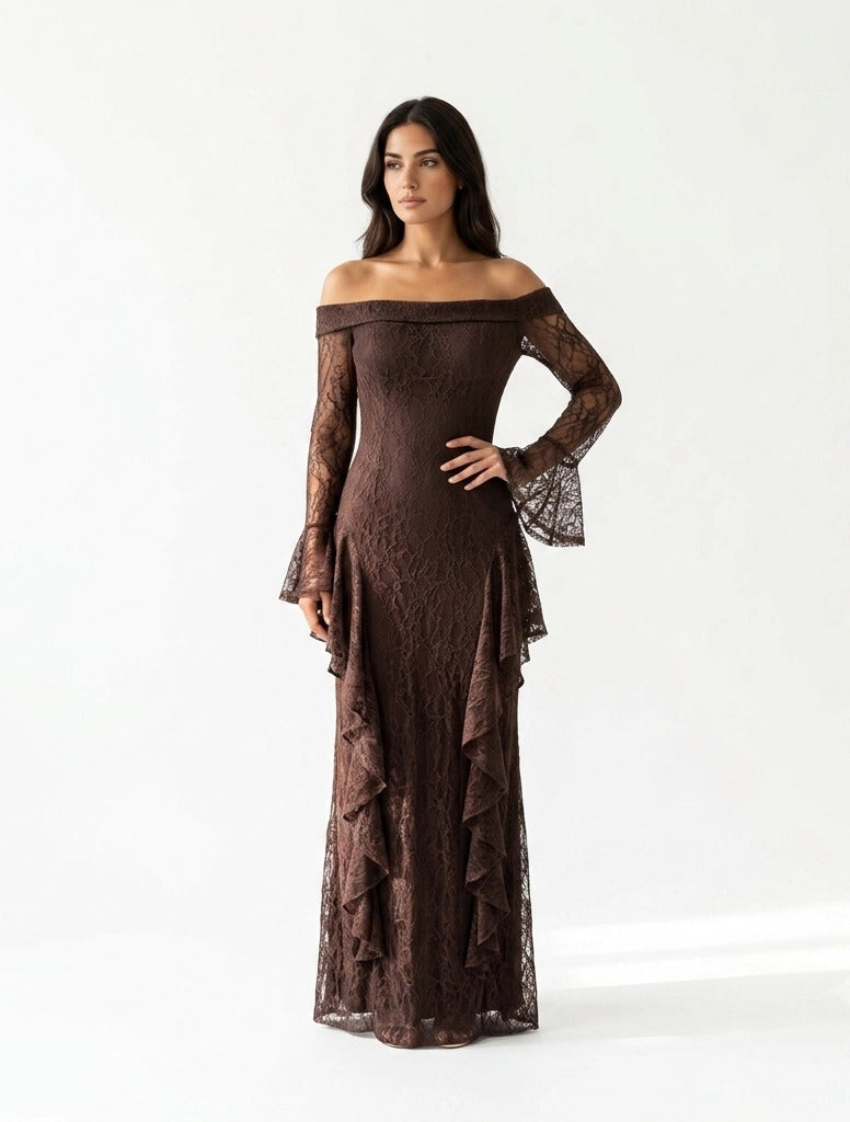 Draped Off Shoulder Corset Dantel Dress