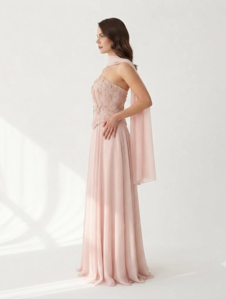 Corset Flower Details Plisse Skirt Chiffon.