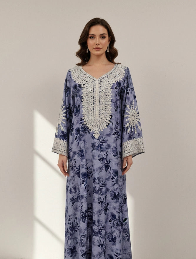 Lace-Trimmed Floral Jalabiya.