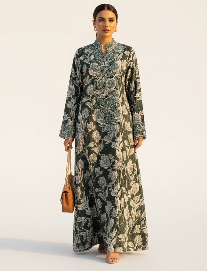 Ornate Leaf Velvet Abaya