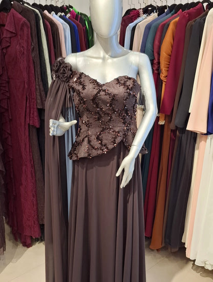 Sequin Dantel Shawl Plisse Chiffon Dress.