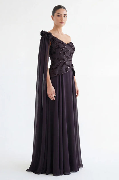 Sequin Dantel Shawl Plisse Chiffon Dress.