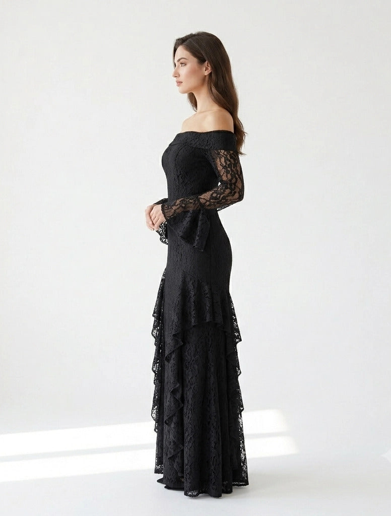 Draped Off Shoulder Corset Dantel Dress
