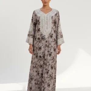 Lace-Trimmed Floral Jalabiya.