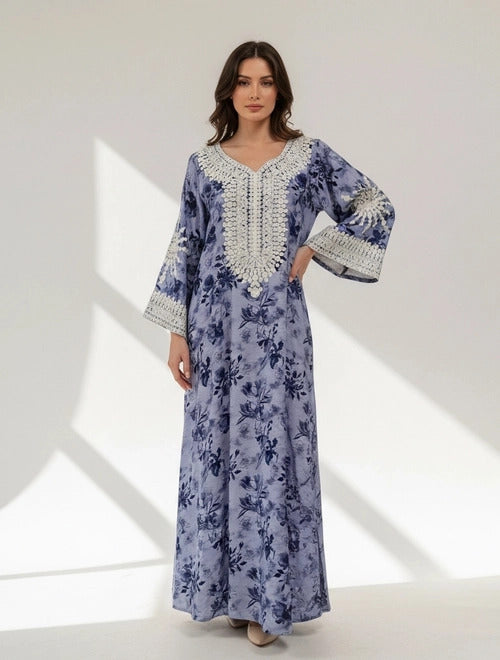 Lace-Trimmed Floral Jalabiya.