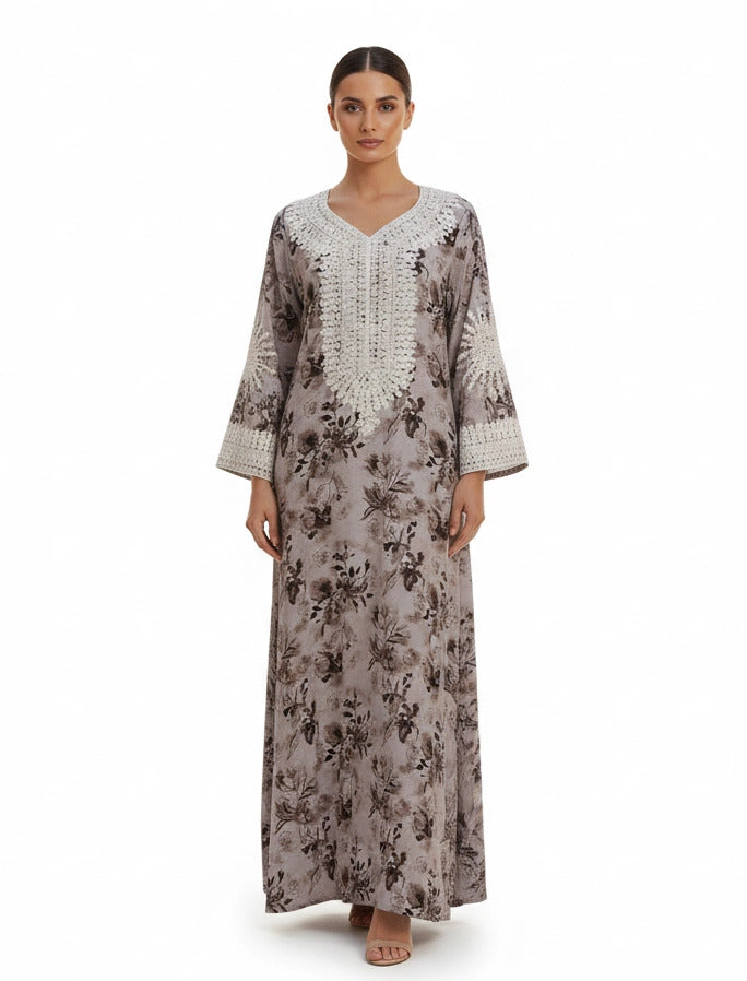 Lace-Trimmed Floral Jalabiya.