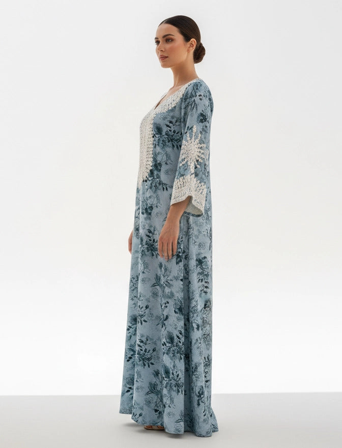 Lace-Trimmed Floral Jalabiya.