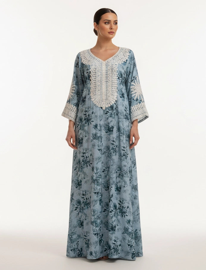 Lace-Trimmed Floral Jalabiya.