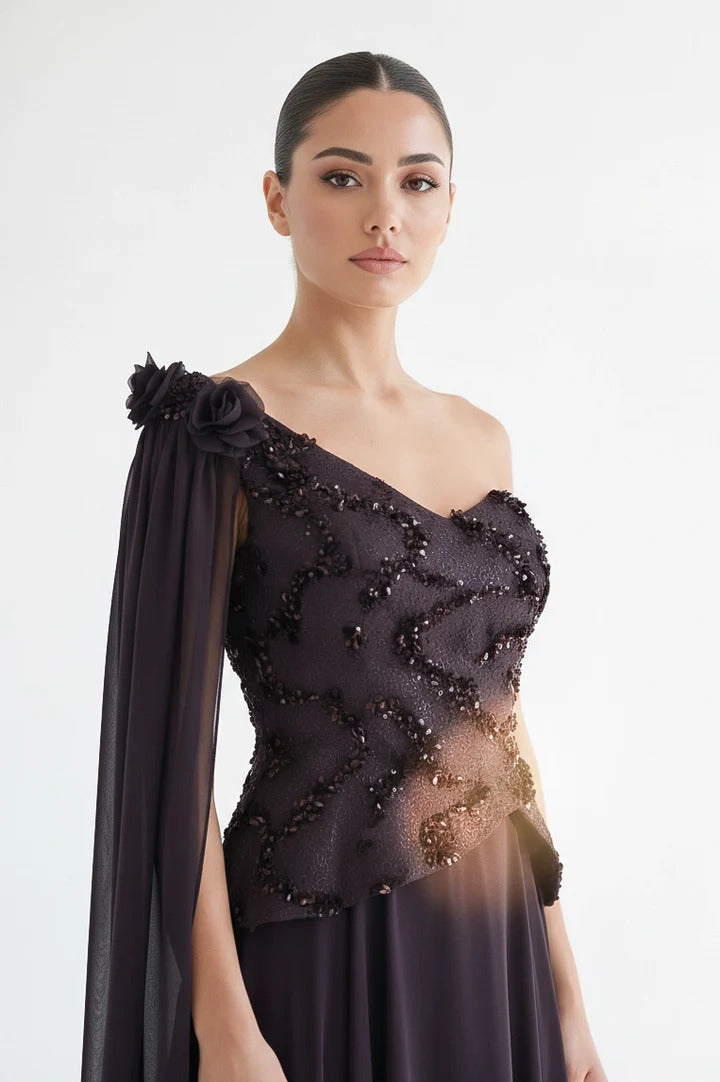 Sequin Dantel Shawl Plisse Chiffon Dress.