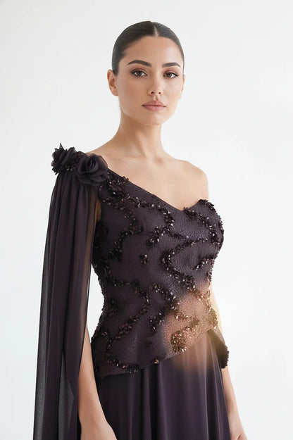 Sequin Dantel Shawl Plisse Chiffon Dress.