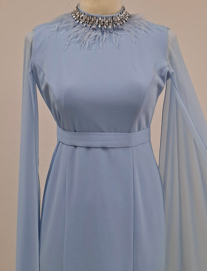 Feather Neck Flute Sleeve Crepe Dress