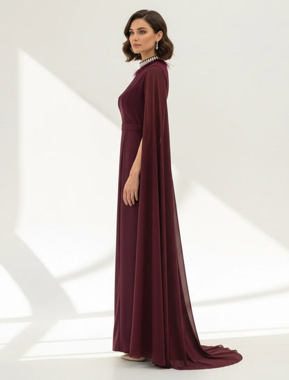 Feather Neck Flute Sleeve Crepe Dress