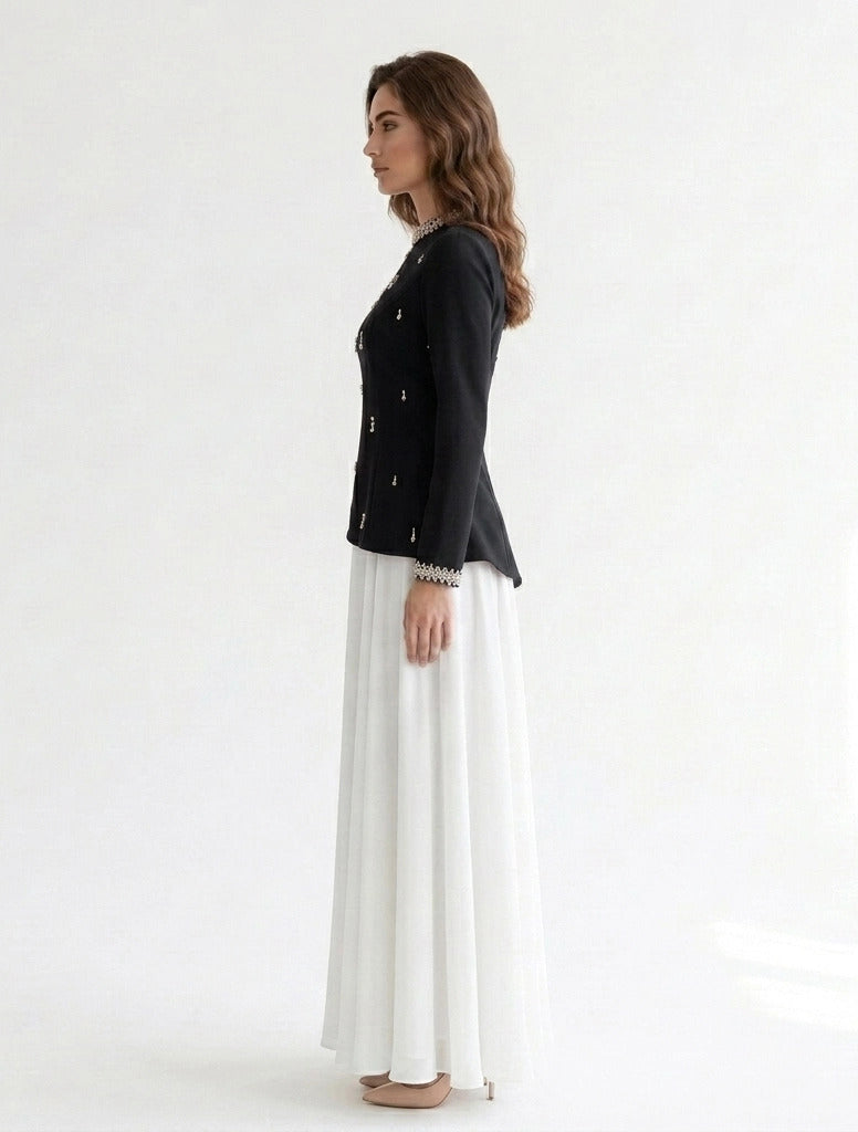 High Neck Crystal Neck Crepe Dress.