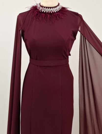 Feather Neck Flute Sleeve Crepe Dress