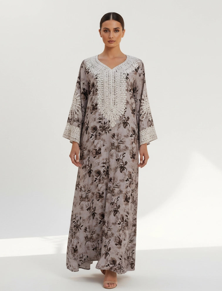 Lace-Trimmed Floral Jalabiya.