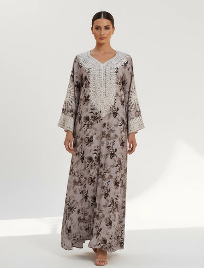Lace-Trimmed Floral Jalabiya.