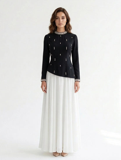 High Neck Crystal Neck Crepe Dress.