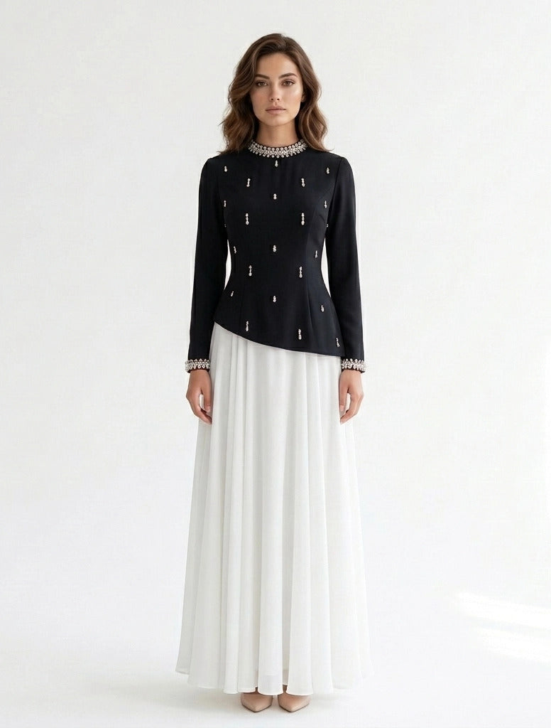 High Neck Crystal Neck Crepe Dress.