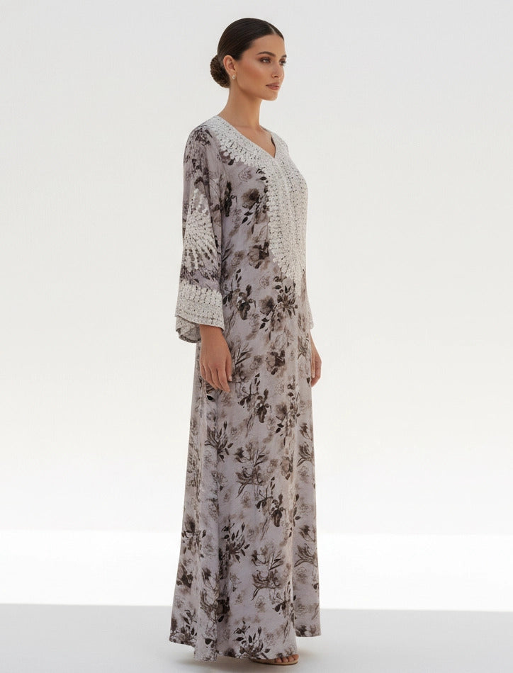 Lace-Trimmed Floral Jalabiya.