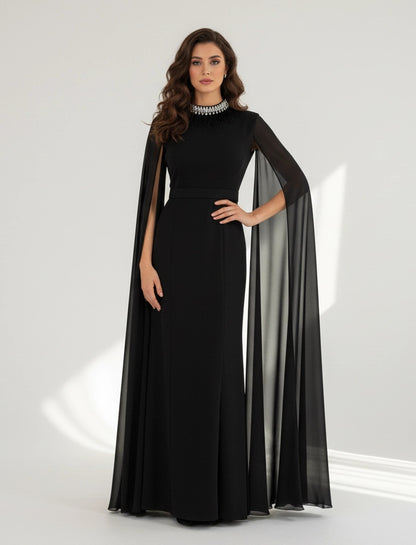 Feather Neck Flute Sleeve Crepe Dress