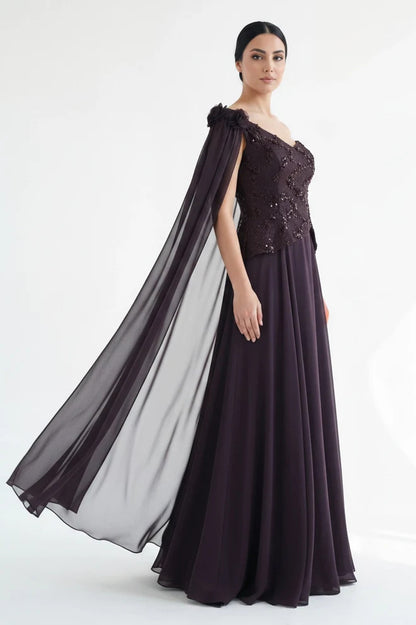 Sequin Dantel Shawl Plisse Chiffon Dress.