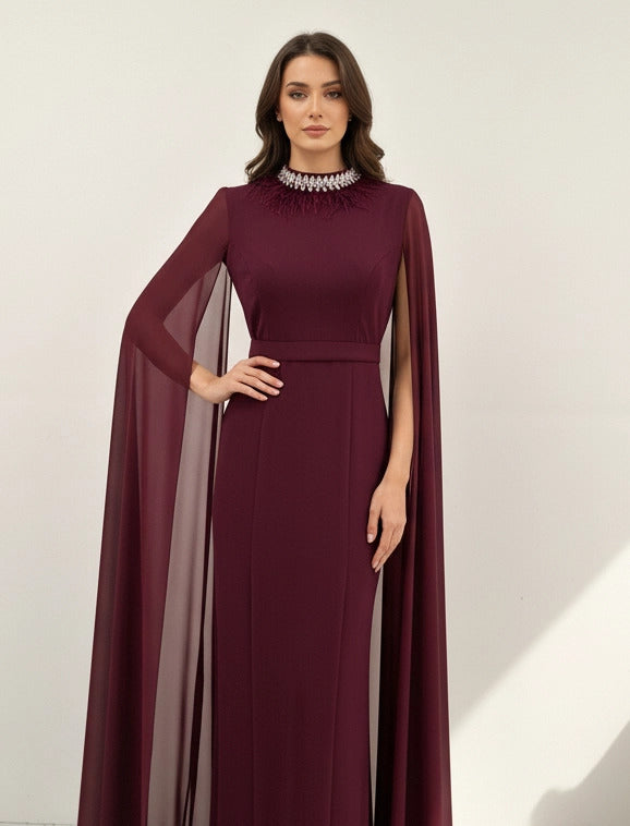 Feather Neck Flute Sleeve Crepe Dress