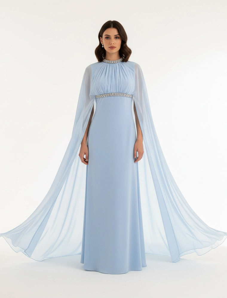 Embellished Neck Gathered Organza Dress