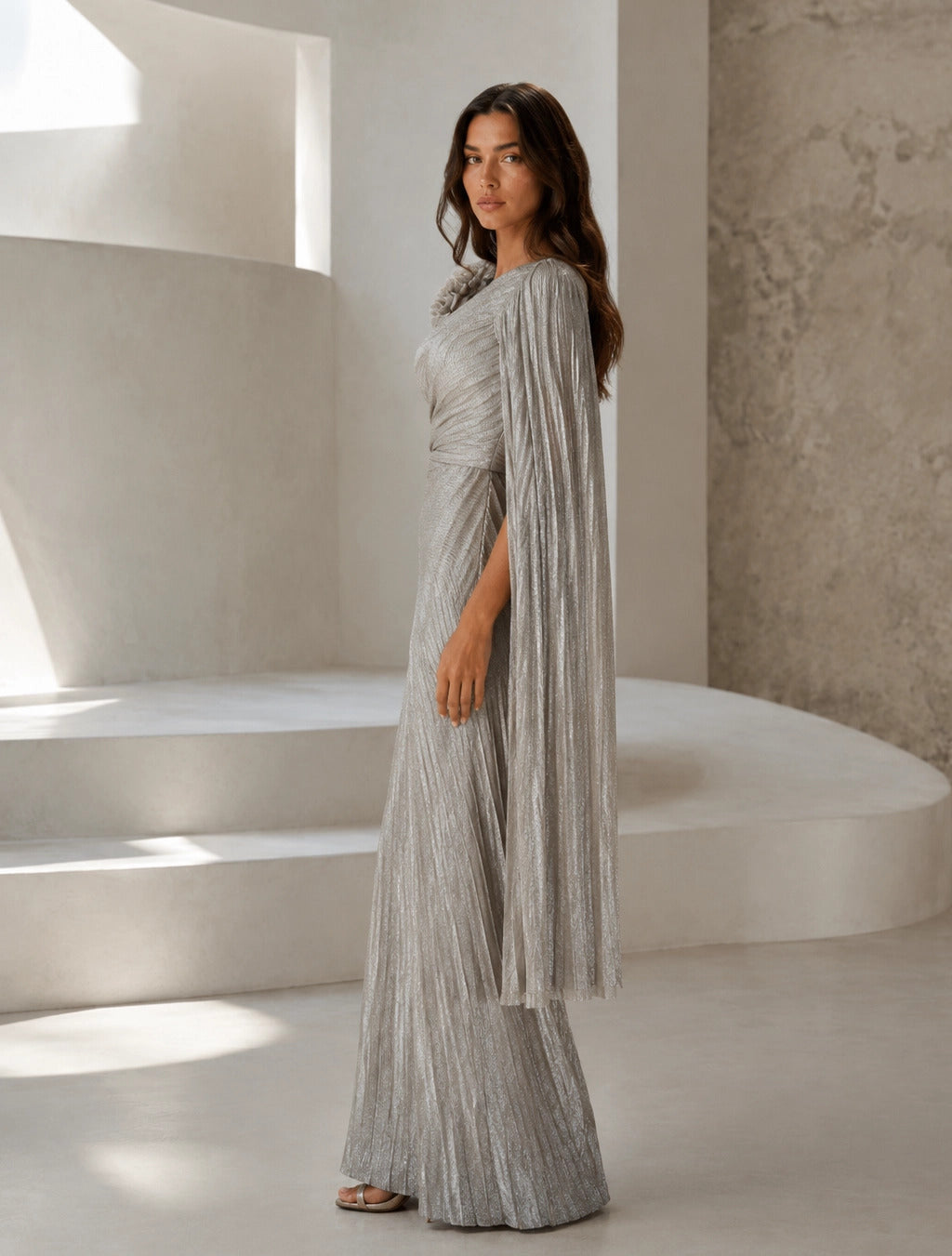 Pleated flowers Shoulder Organza Dress.