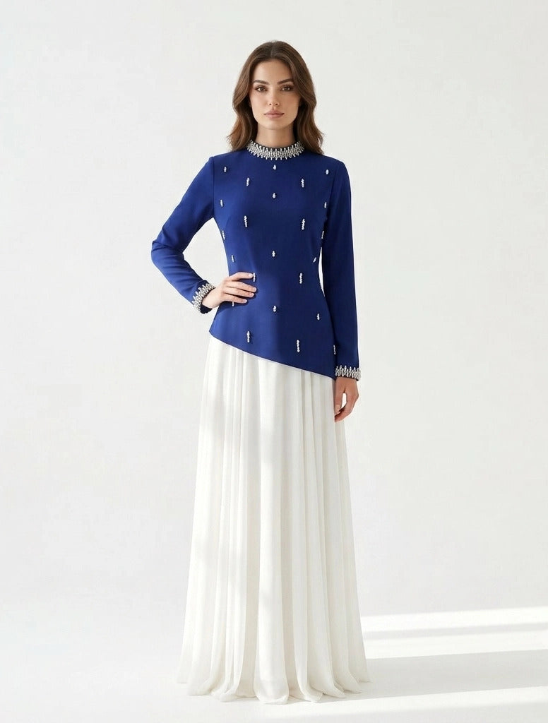 High Neck Crystal Neck Crepe Dress.