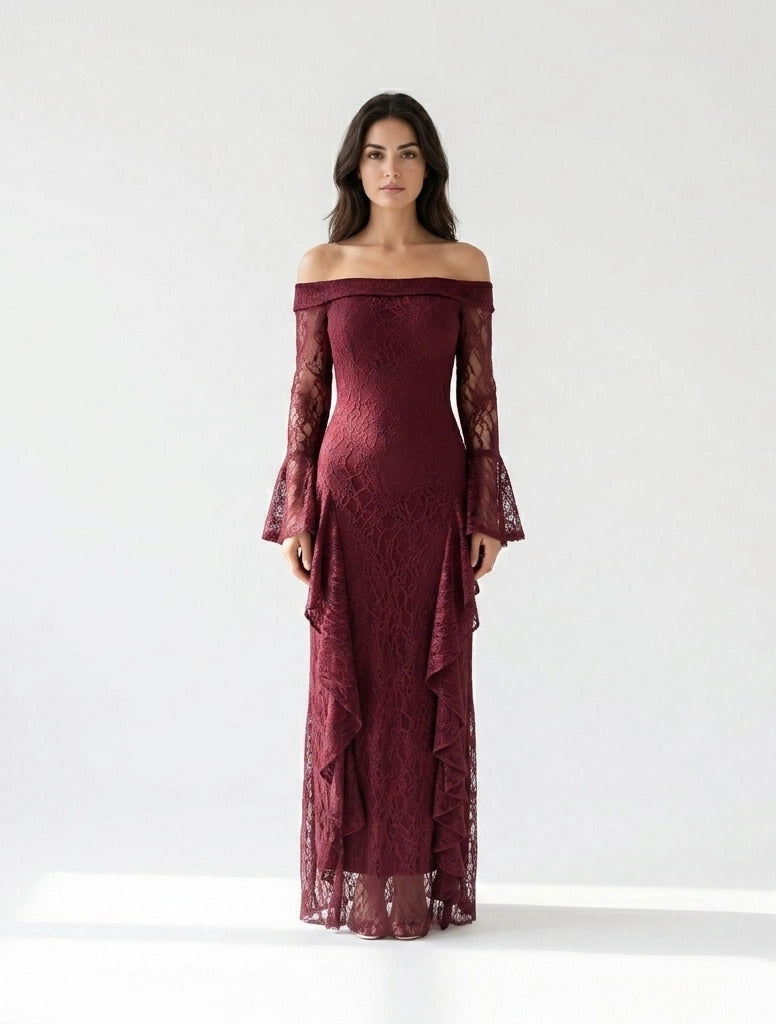 Draped Off Shoulder Corset Dantel Dress