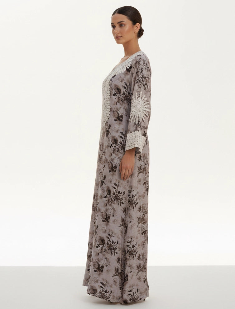 Lace-Trimmed Floral Jalabiya.