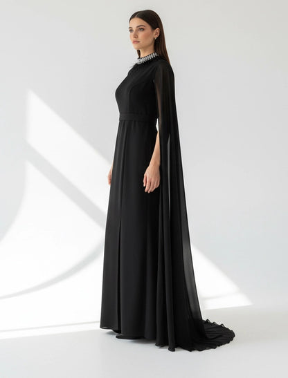 Feather Neck Flute Sleeve Crepe Dress