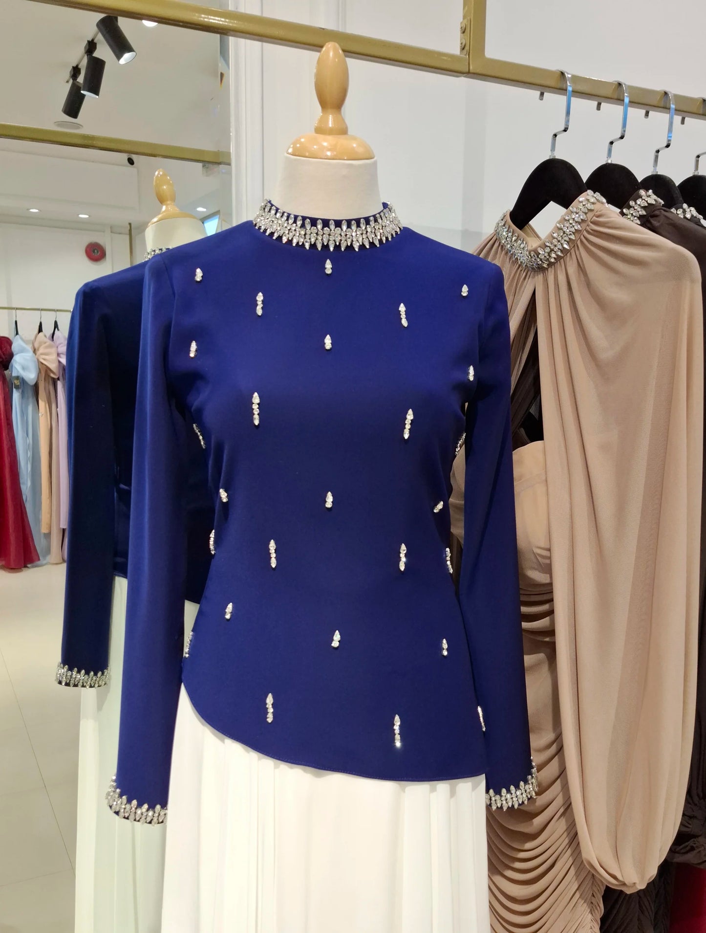 High Neck Crystal Neck Crepe Dress.